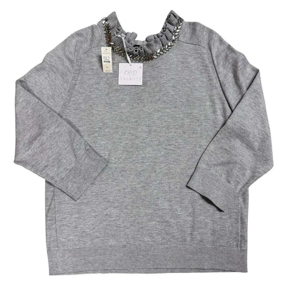 RSVP by Talbots Jewel Ruffle Mock Neck Tie Back Sweater Gray Cashmere Blend‎ XL